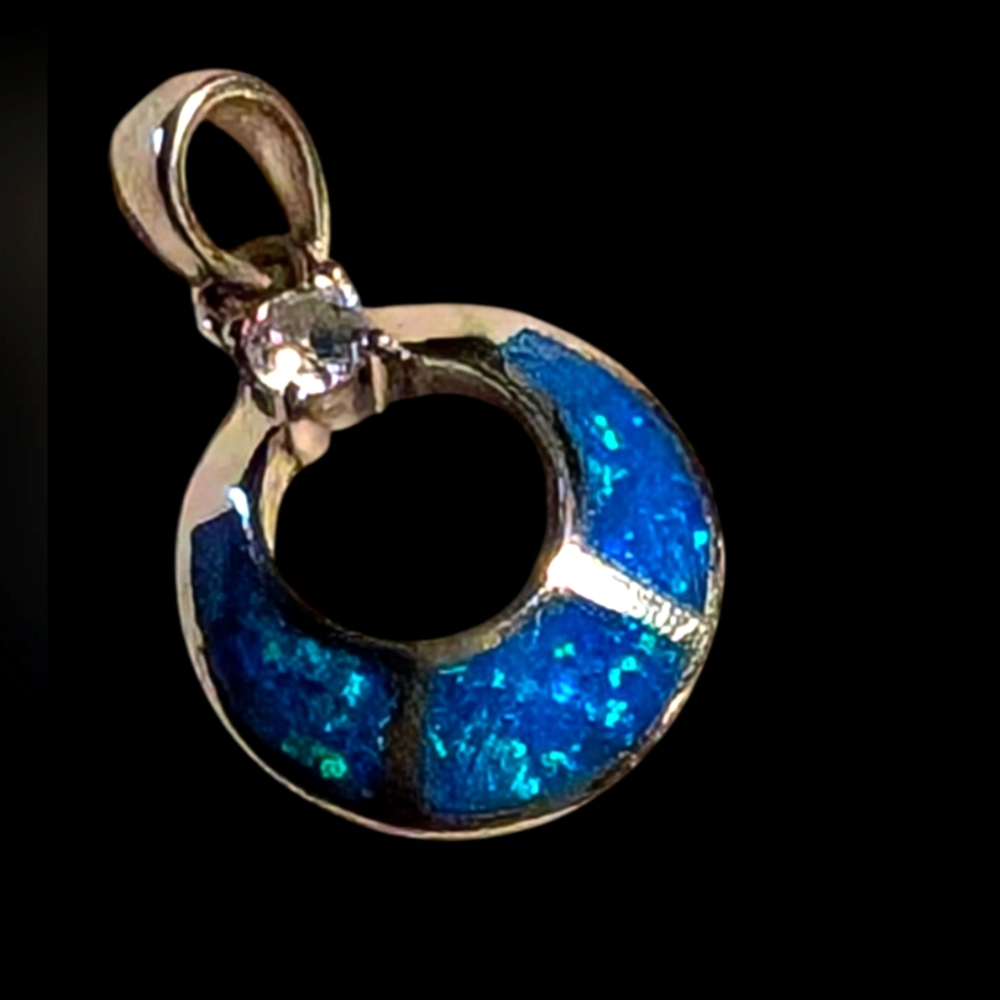 Blue Opal & Crystal Silver Pendant Charm